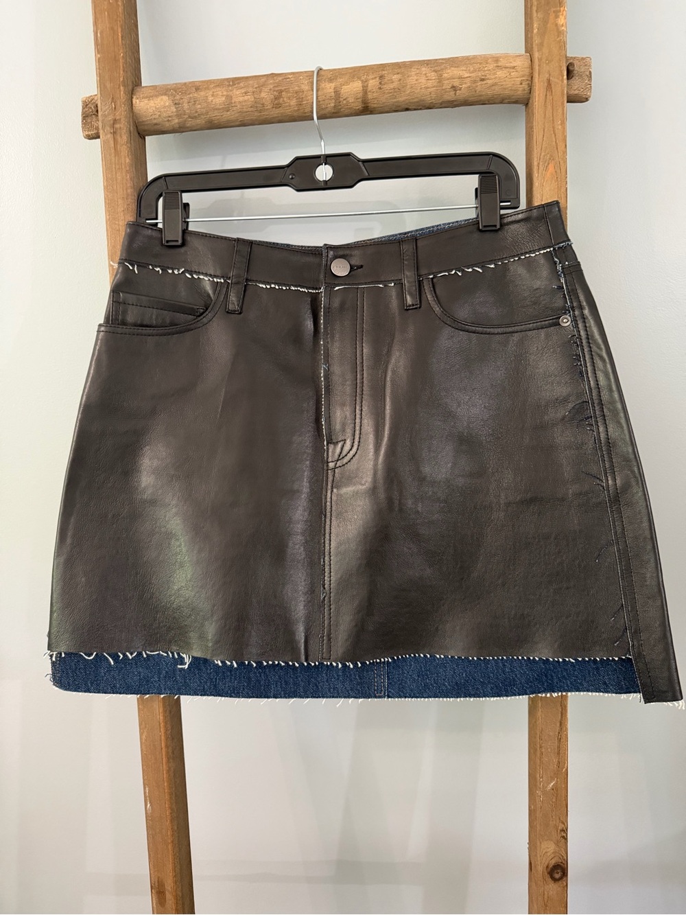 FRAME Denim Black Lamb Leather Mini Skirt with Blue Denim Trim